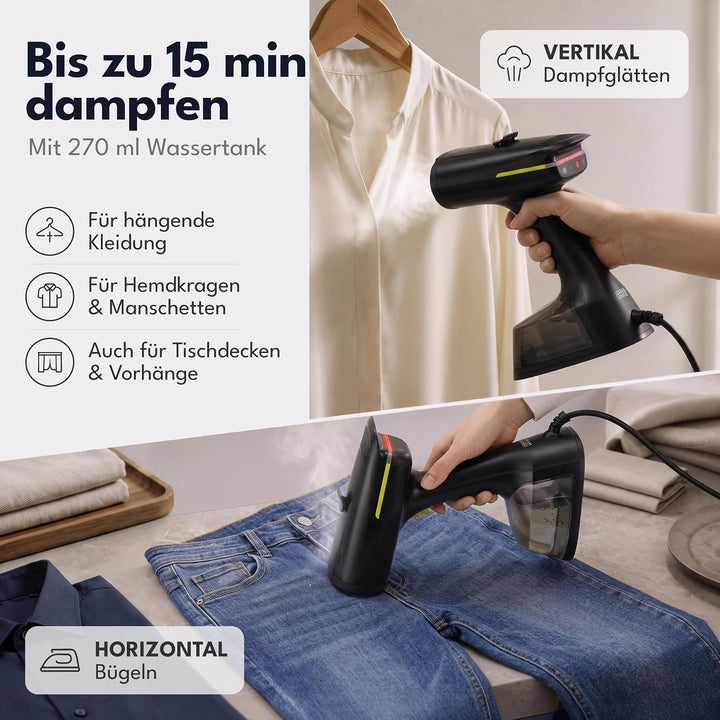 LEBENLANG 1400W Steamer Dampfglätter mit Saugfunktion - 5000pa &amp; 270ml Schwarz, Schwarz