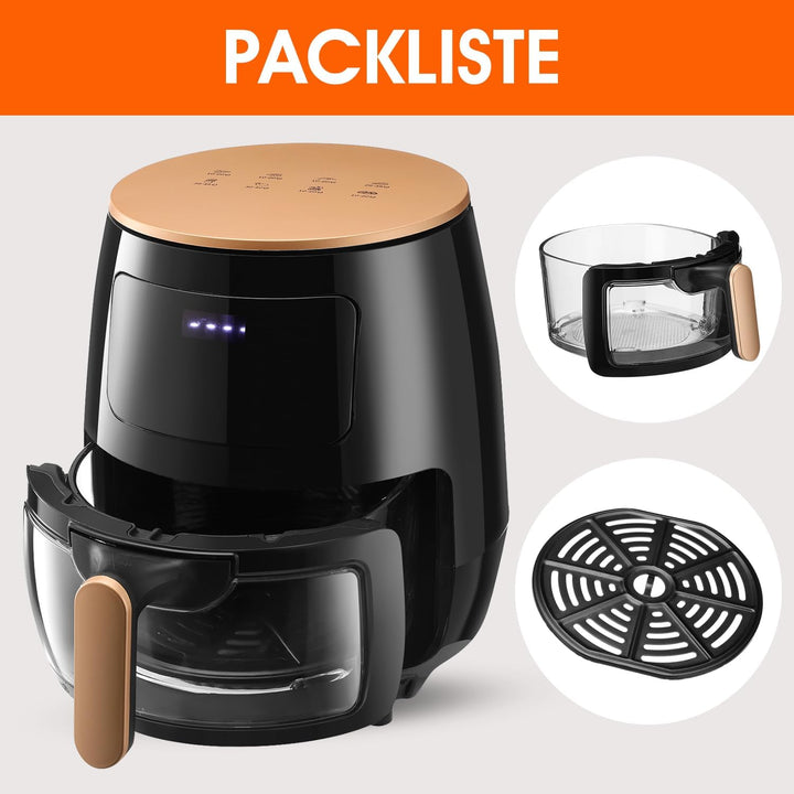 Heissluftfritteuse 6L, Ölfreie Airfryer mit Sichtfenster, 1400Watt, LED-Touchscreen, 8 Programme, 36