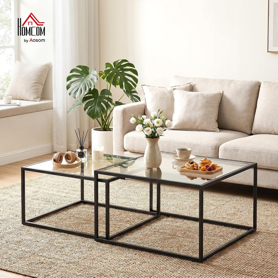 HOMCOM Couchtische 2er-Set Satztisch mit Gehärteter Glasplatte Schwarz