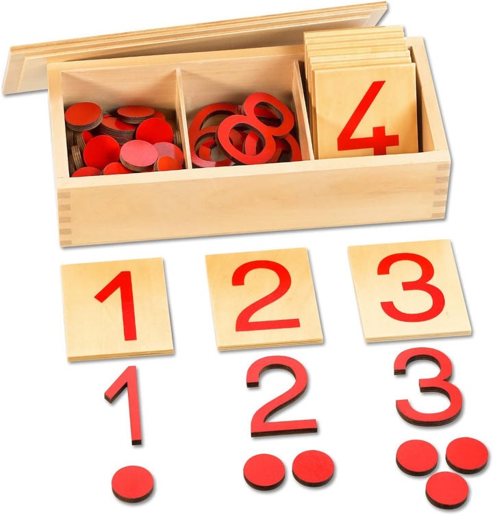 Zahlenverständnis bis 10 lernen und üben mit Montessori-Materialien, Spindelkasten, Ziffern &amp; Chips