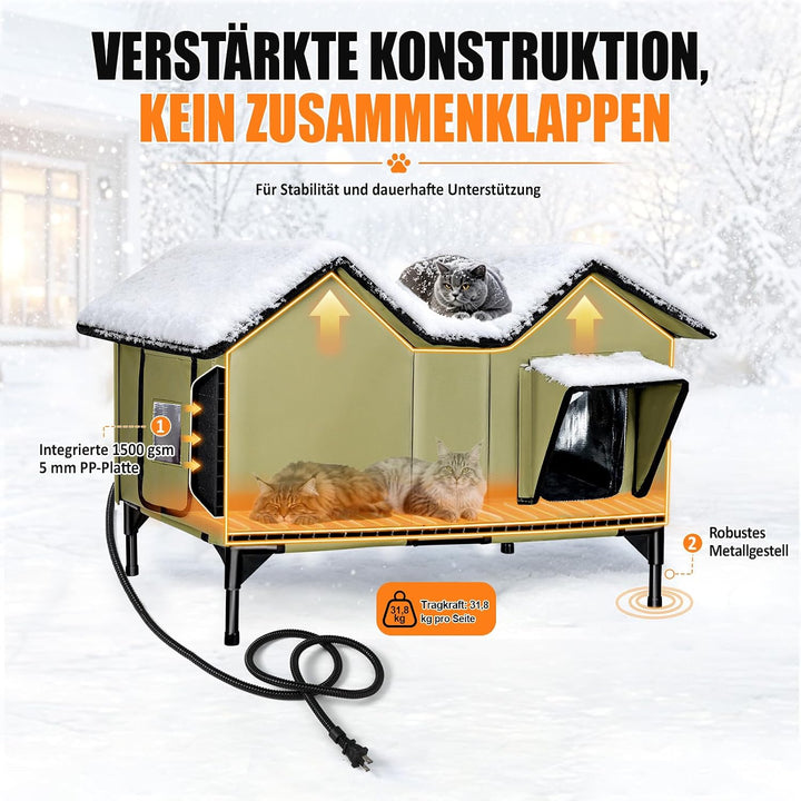 Beheiztes Katzenhaus Outdoor Winterfest, extra grosses isoliertes Katzenhaus für draussen mit Heizpo