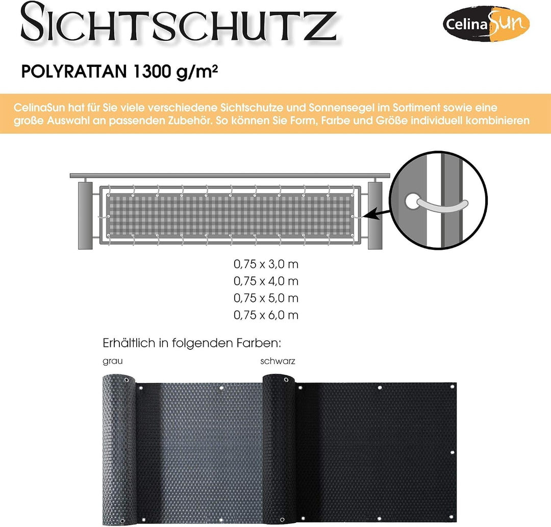 CelinaSun Sichtschutz Balkon 0,75 x 6 m schwarz Polyrattan Balkonbespannung mit Kabelbinder Balkonum