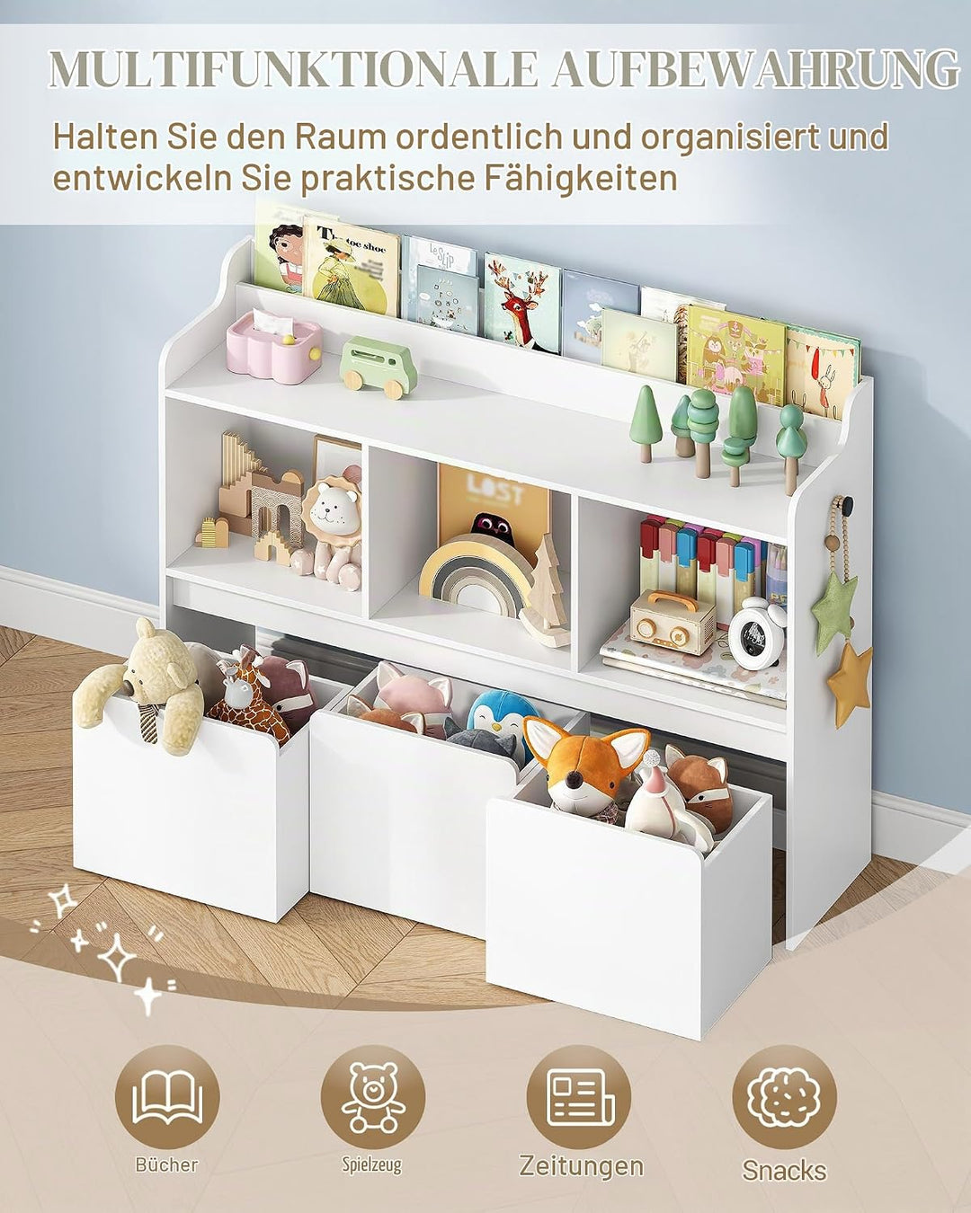 Hzuaneri Kinderregal mit Bücherfach &amp; Rollschubladen 30 x 108 x 80 cm, Weiss | 3 offene Fächer, 3 ro