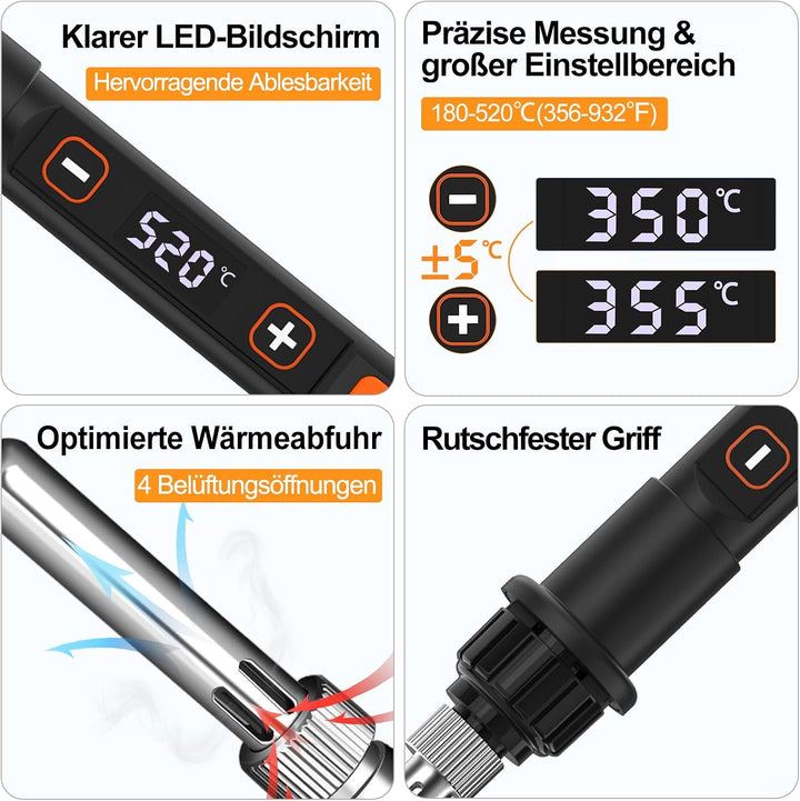 Lötkolben Set 80W LED Einstellbar Temperatur 180-520°C mit Ein/Aus Schalter Grau, Grau