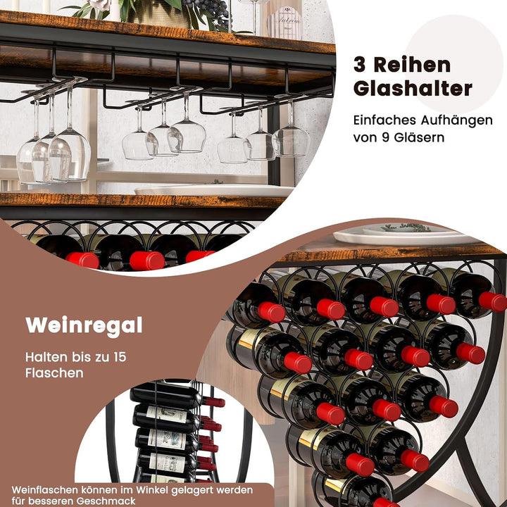 COSTWAY Barwagen auf Rollen, Servierwagen mit 2 Ablagen, 3 Reihen Glashaltern und 15 Flaschenhaltern
