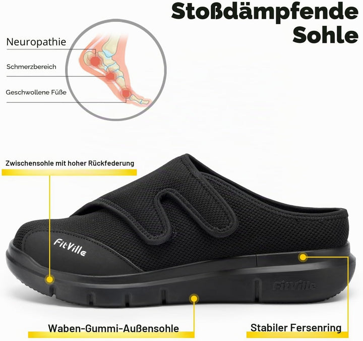 FitVille Diabetiker Slipper Herren Extra Weit Gesundheitsschuhe mit Klettverschluss Orthopädische Ha