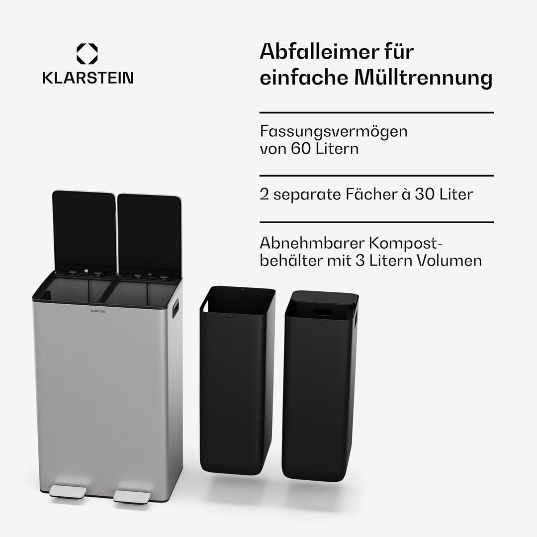 Klarstein EcoVista Mülleimer - 60L Abfalleimer mit 2 Fächern &amp; 3L Kompostbehälter, Soft-Close, Edels
