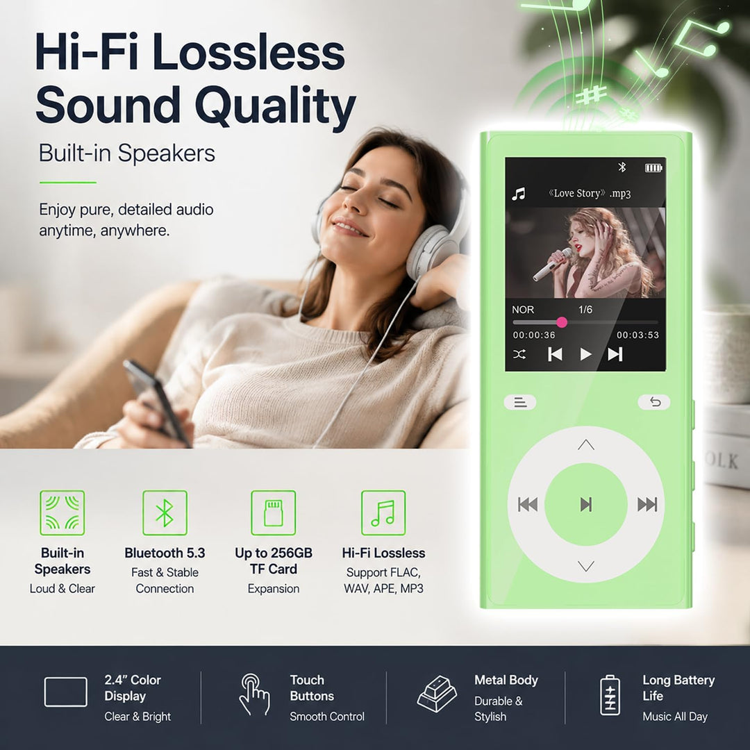 90GB MP3 Player Bluetooth 5.3, Musik Player 2 TF-Kartensteckplätzen