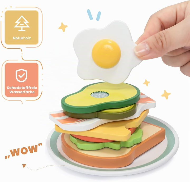 Holz Toaster Kinder Spielzeug, Sandwich Frühstück Kinderküche Zubehör Set