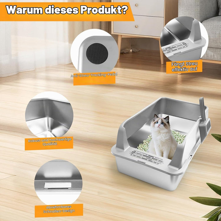 Homegroove 2er Set Edelstahl Katzenklo, 58 x 38 x 28 cm XL Metall Toilette für grosse Katzen mit Dec