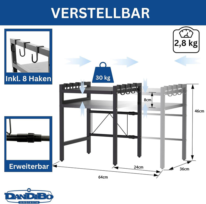 DanDiBo Verstellbares Küchenregal für Arbeitsplatte Schwarz Stehend 2 Stufig 40-64 cm Regal Küche 96