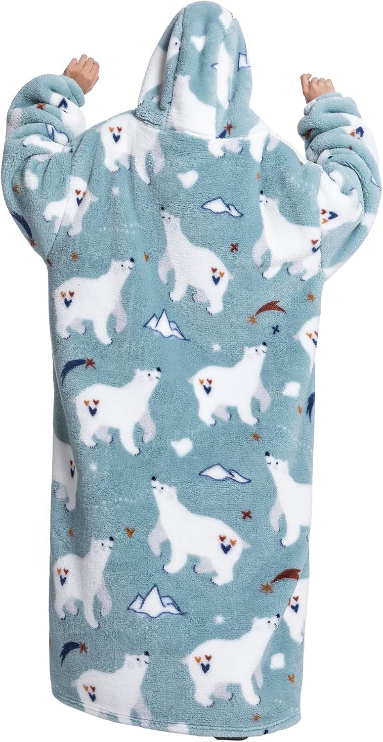 Hoodie Decke Extra Lang mit Kapuze und Tasche für Damen Herren Eisbär, Eisbär