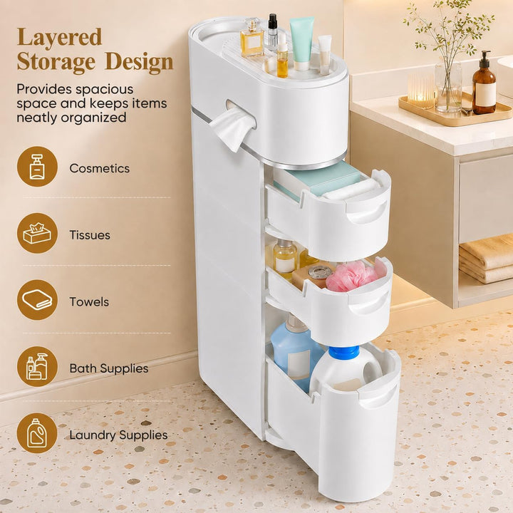 Schmale Badezimmerschrank mit Rollen, Ohne Montage, Weiss