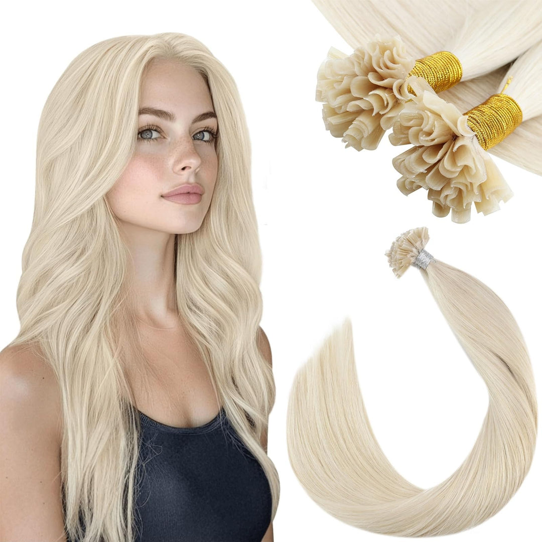 Ugeat 35cm Bondings Extensions Echthaar Nail Tip Weisse Blondine Farbe 60A Remi Pre Bonded Fusion Ha