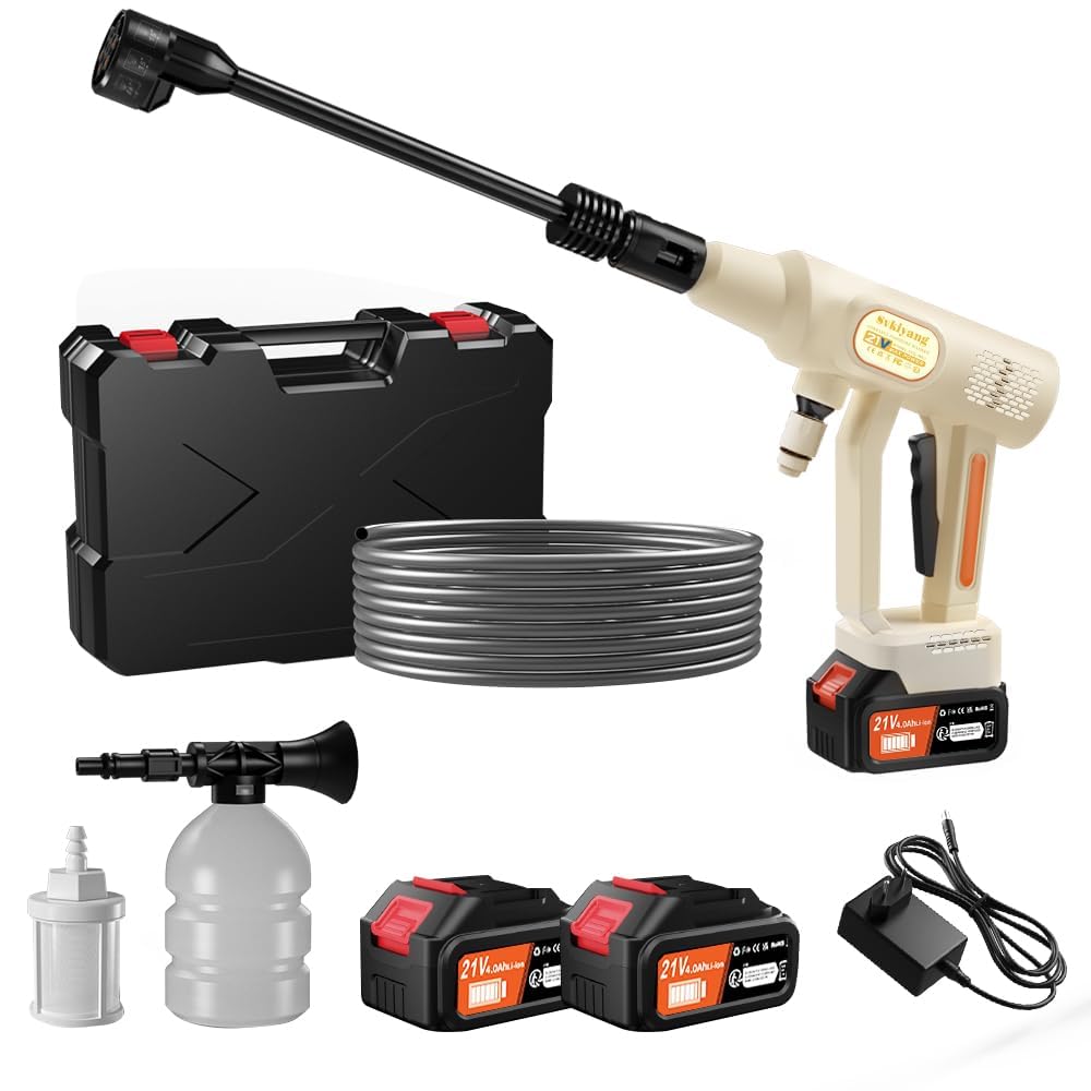 Akku Hochdruckreiniger 21V, Tragbarer Hochdruckreiniger Akku mit 2x4000mAh Akkus, 6-in-1 Multifunkti