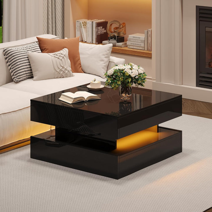 Merax Couchtisch mit Höhenverstellbarer Platte, Hochglanz Wohnzimmertisch mit LED, Sofatisch Kaffeet