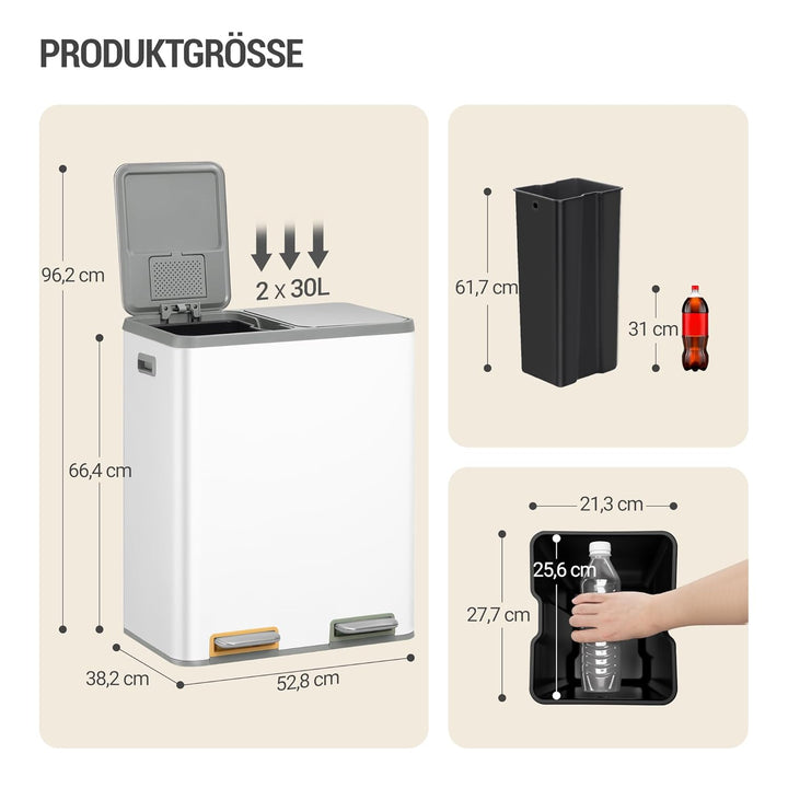 Hzuaneri Mülleimer Küche, Mülltrennsystem 2 Fächer 60L (2 x 30 L), Edelstahl-küchenmülleimer, Tretmü