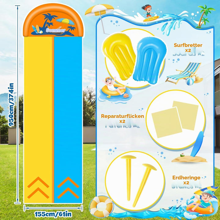 JONRRYIN 950cm Wasserrutsche, Extra Lange Doppel Garten Wasserrutsche mit 2 Aufblasbare Boards 1.55m