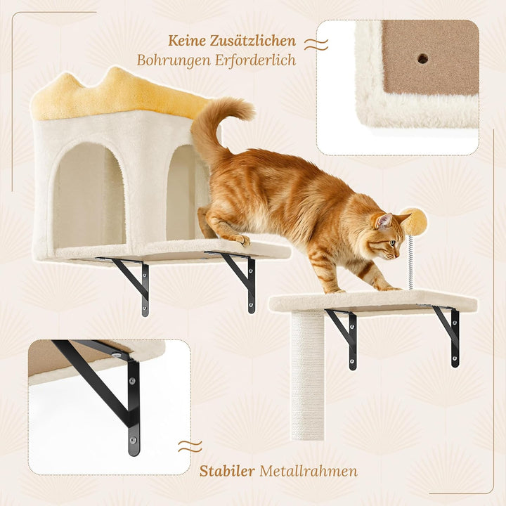 Yaheetech Kletterwand Katzen Wandelemente mit Katzenhaus &amp; Korb beige Beige 49 cm L × 30 cm B × 40 c