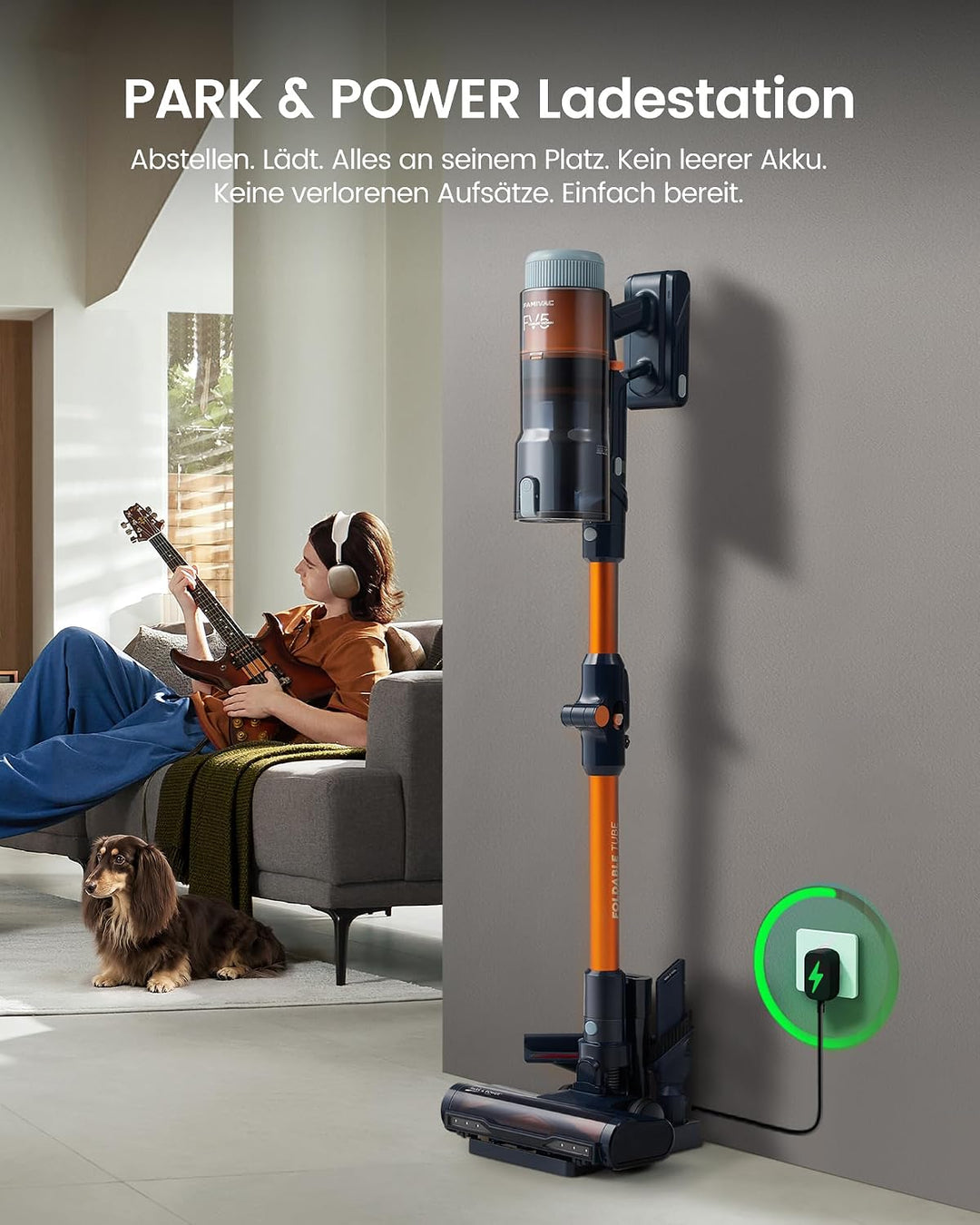 FAMIVAC Akku Staubsauger Kabellos 70kPa/80Min mit Ladestation &amp; Knickrohr