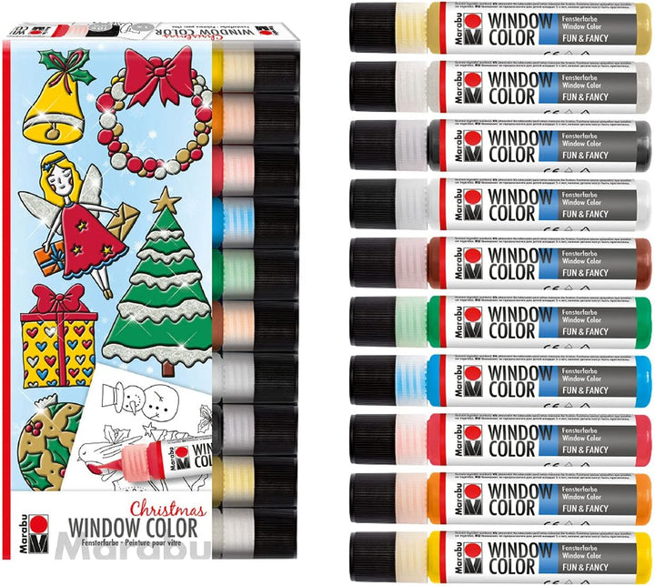 Marabu 0406000013894 - Window Color Christmas Set, 10 Fenstermal-Farben á 25 ml und eine Mal-Vorlage
