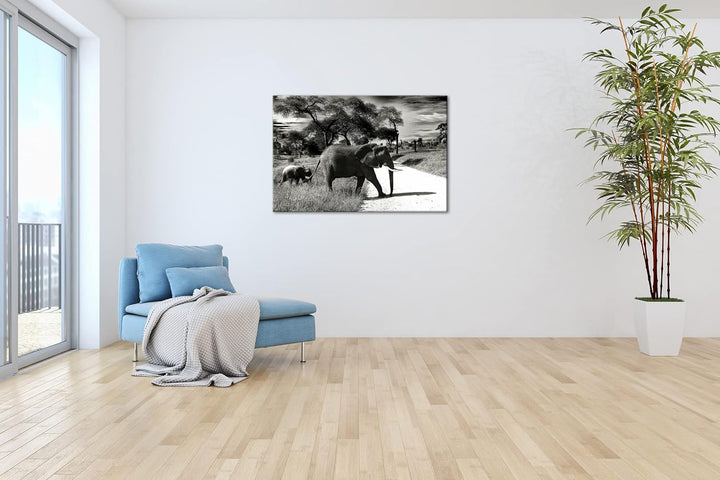 deyoli Elefantenfamilie in der Savanne Format: 100x70 als Leinwand, Motiv fertig gerahmt auf Echthol