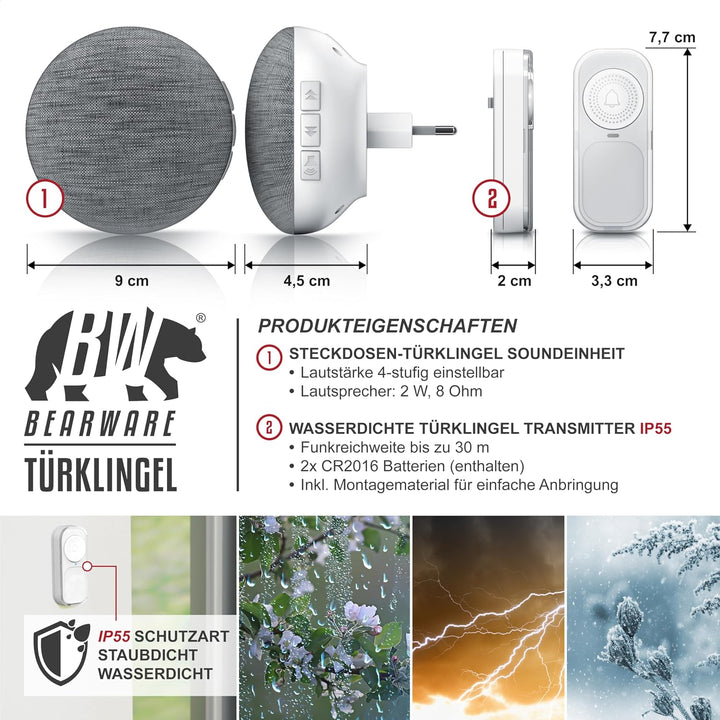 CSL - kabellose Funkklingel - Türklingel für die Steckdose - Batterielose, Wasserdichte Funkklingel