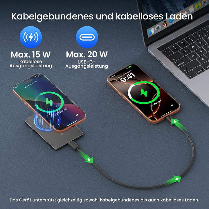 DIGIERA Ultra Slim Powerbank, 5000 mAh magnetisches kabelloses Ladegerät, mit Schnellladefunktion üb