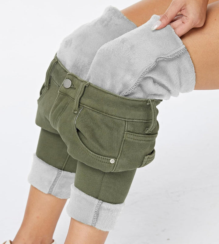 Yehopere Damen Winter Fleece Gef¨¹ttert Jeans Slim Fit Warm Skinny High Waist Denim Jeans S Army Gre