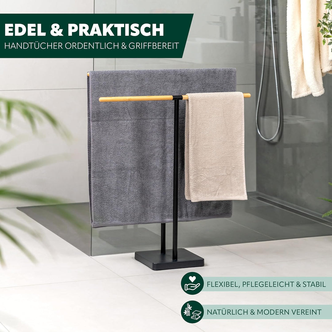 eluno Stand-Handtuchhalter freistehend, 2 Stangen, Handtuchständer, Bambus/Metall (Schwarz), Schwarz