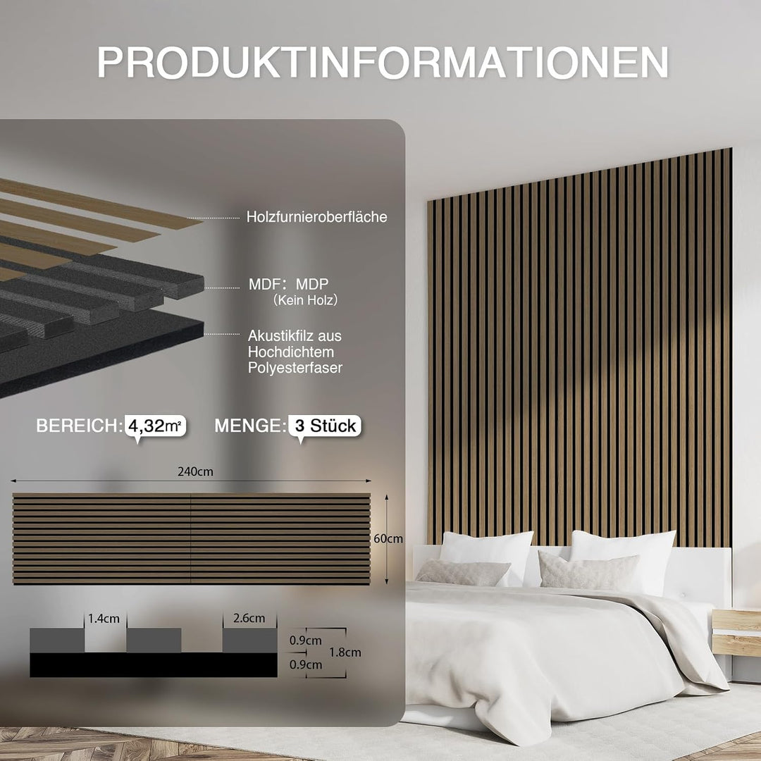 Faltbar Akustikpaneele Holz 240x60cm-3 Stück(4,32m²) Wandpaneele mit Holzfurnier Holzpaneele Wand Ac