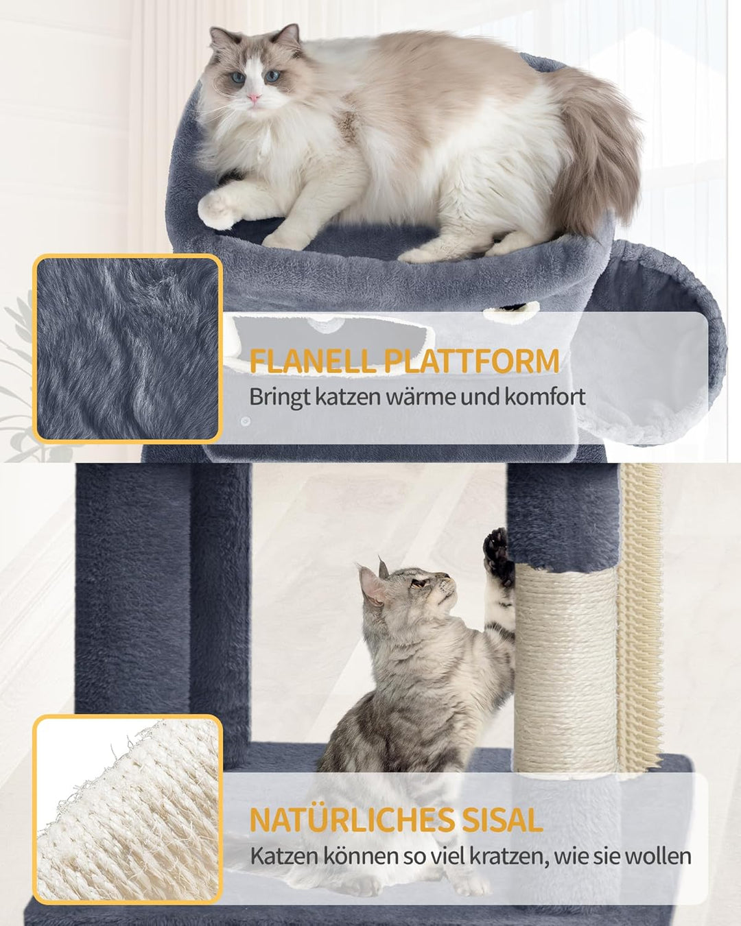 Hzuaneri Kratzbaum, 178 cm Katzenbaum mit grosser Plattform, 2 Höhlen, 7 Kratzsäulen, Pompons, Liege