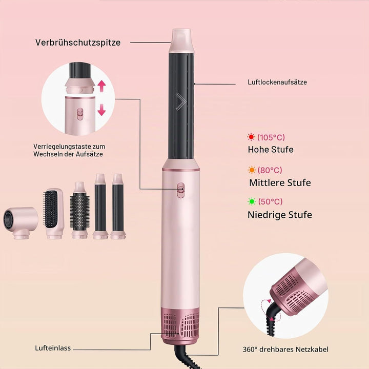UKLISS Airstyler 5 in 1, Hairstyler Haartrockner 1000w,Föhnbürste Set Pro Lichtrose, Lichtrose