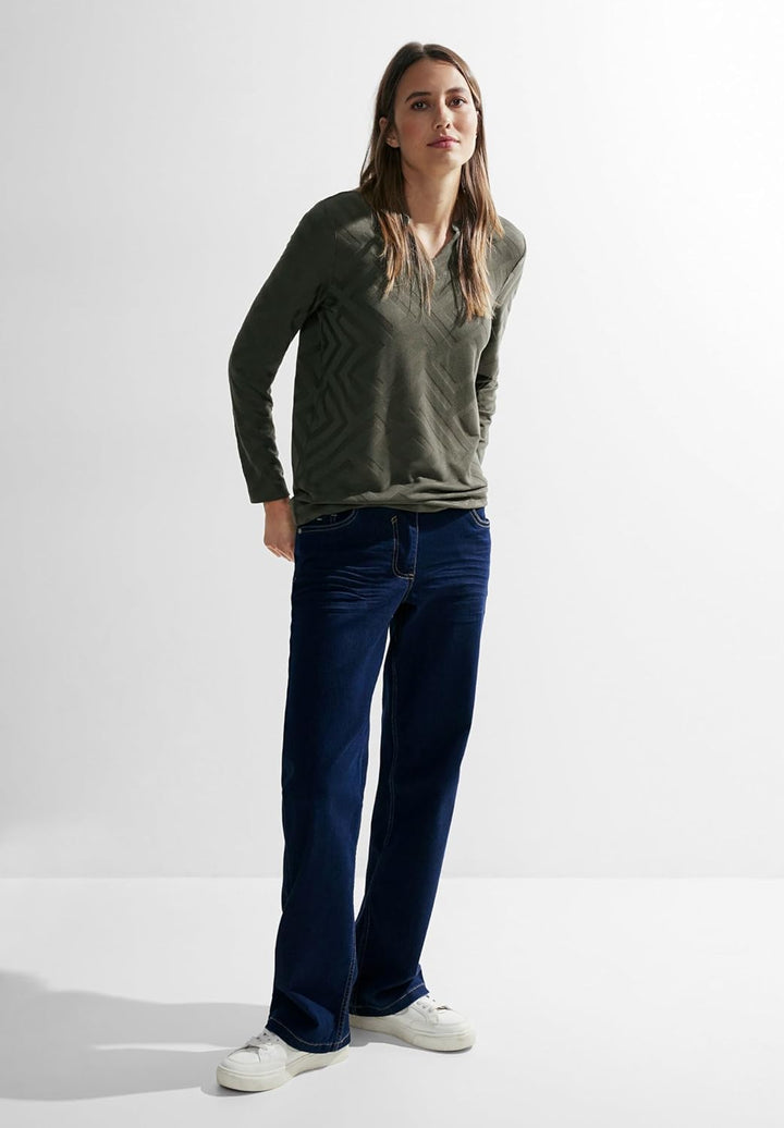 Cecil Damen Jacquard Langarmshirt M Dynamic Khaki, M Dynamic Khaki