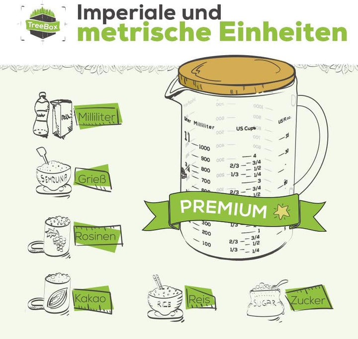 TreeBox Premium Messbecher 1l - Messbecher glas - Robuste und hitzebeständige Messbecher Set aus Bor