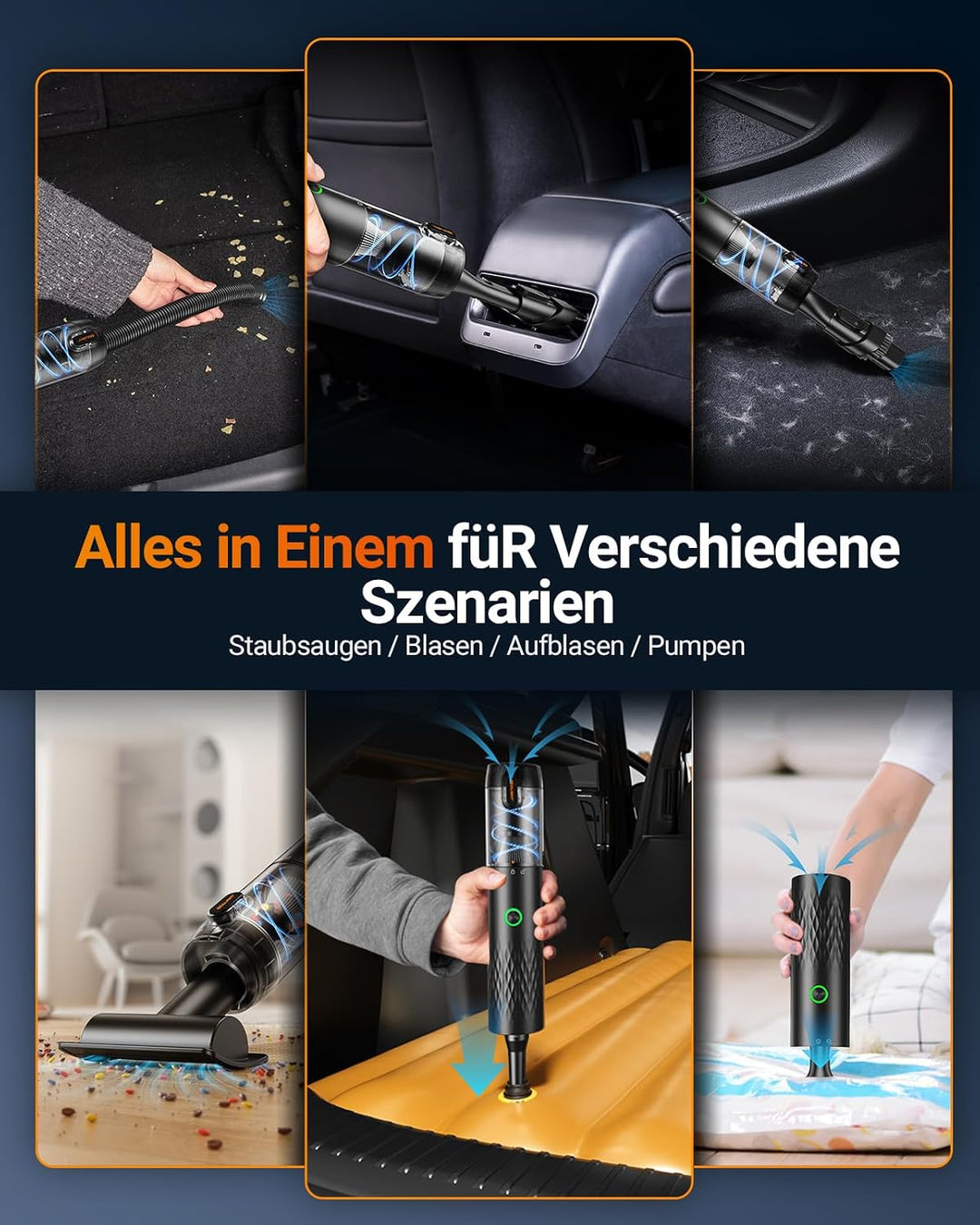 SEALIGHT Handstaubsauger, 29000PA Handstaubsauger Akku Kabellos, One-Touch Staubentleerung, Bürstenl