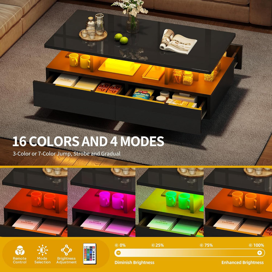 DWVO Couchtisch Modern, Wohnzimmertisch Hochglanz mit LED Beleuchtung, Kaffeetisch mit Offenem Ausst