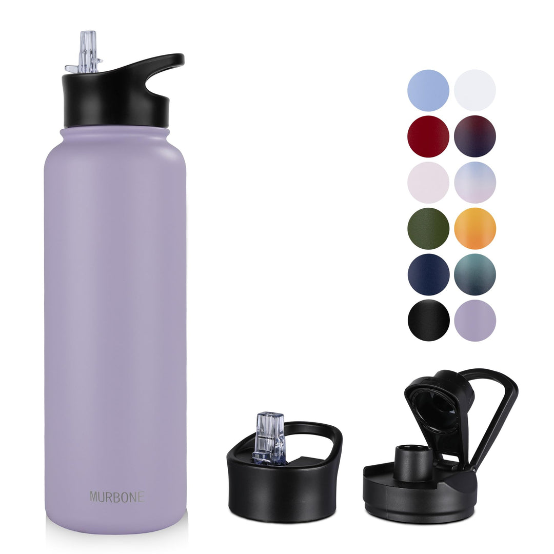 Edelstahl Trinkflasche 1.2L (+2 Deckel)-mit Strohhalm,BPA frei,Thermosflasche Auslaufsicher,Kohlensä