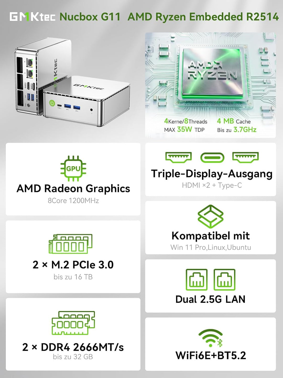 GMKtec Mini PC, G11 AMD Ryzen Embedded R2514 (übertrifft 4300U/N150), Mini Computer 16 GB DDR4 RAM,