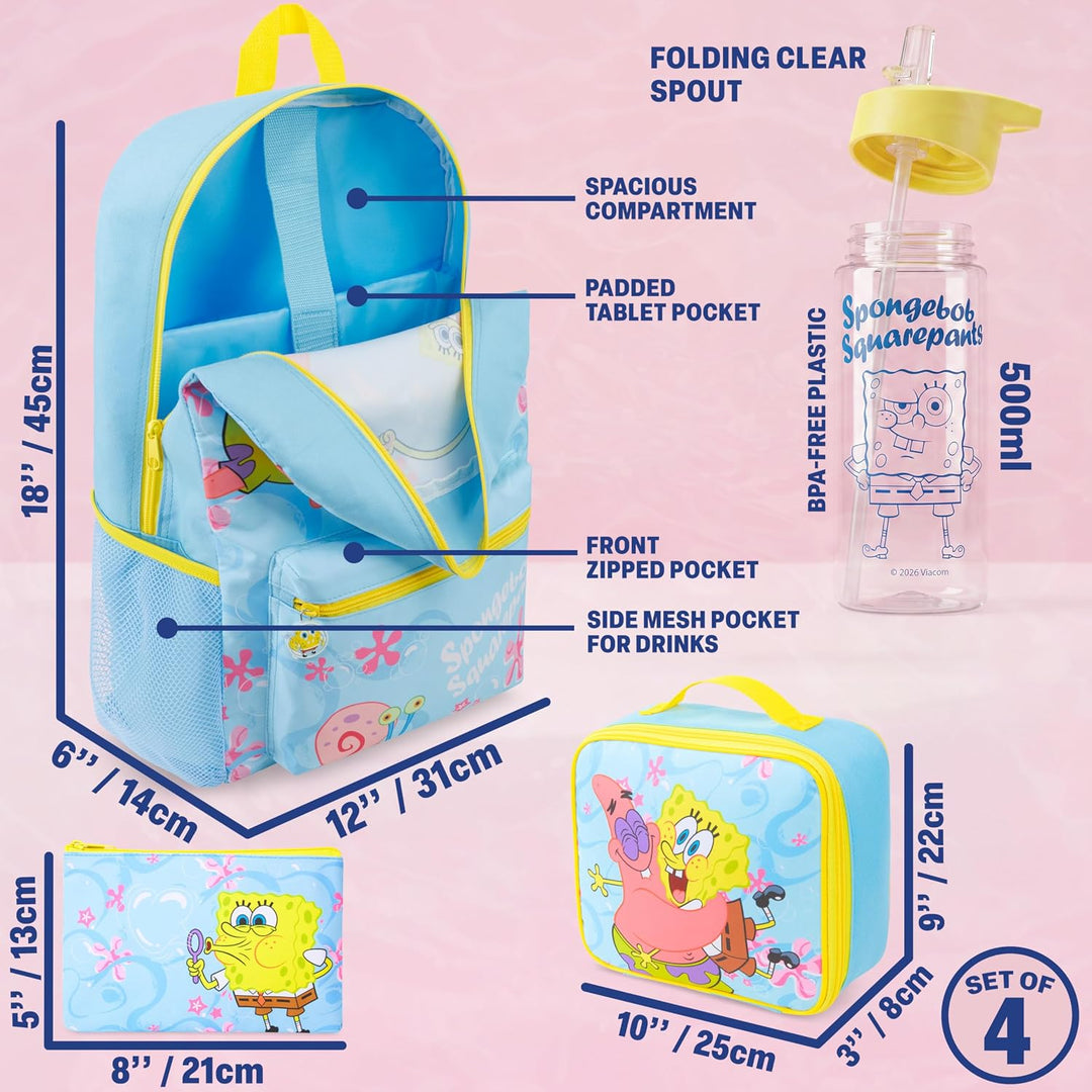 Get Trend Spongebob Schwammkopf Rucksack Kinder 4er Set Grosser Kinderrucksack 46cm mit Federmäppche