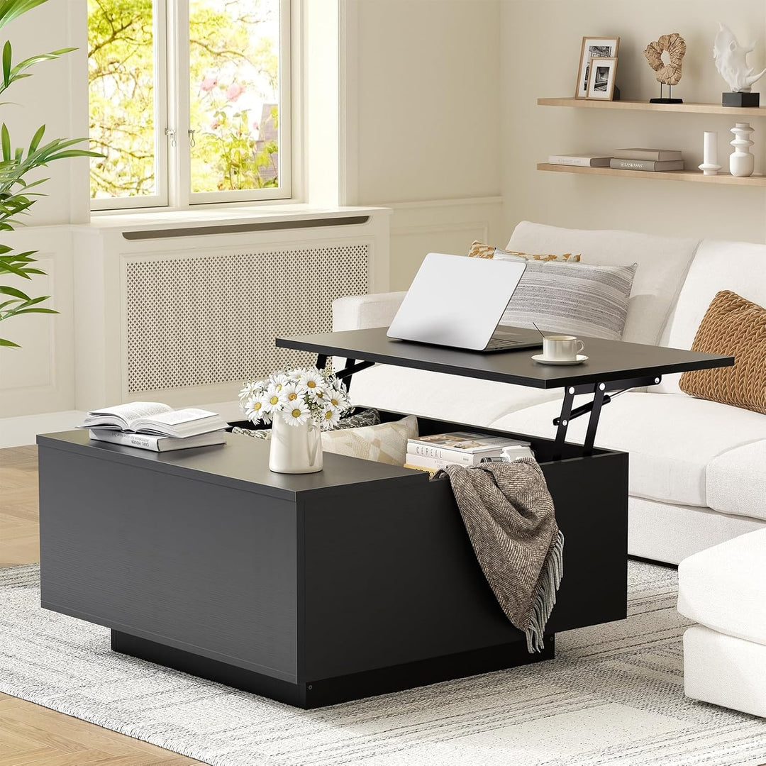 Quadratischer Couchtisch Schwarz mit Lift-Top, verstecktem Stauraum, Schwarz