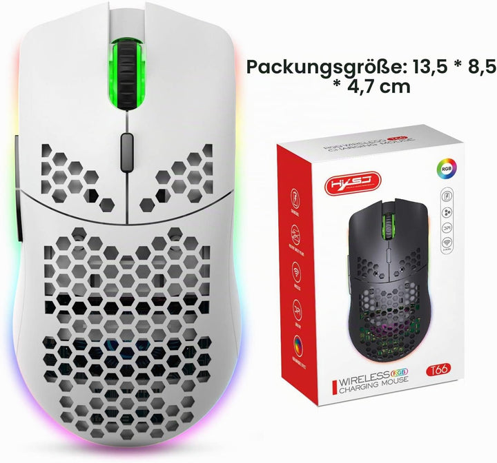 Drahtlose Gaming Maus, 2,4G Superleichte Wabenschale Ergonomische RGB-Mäuse mit 750mAh Akku, Energie