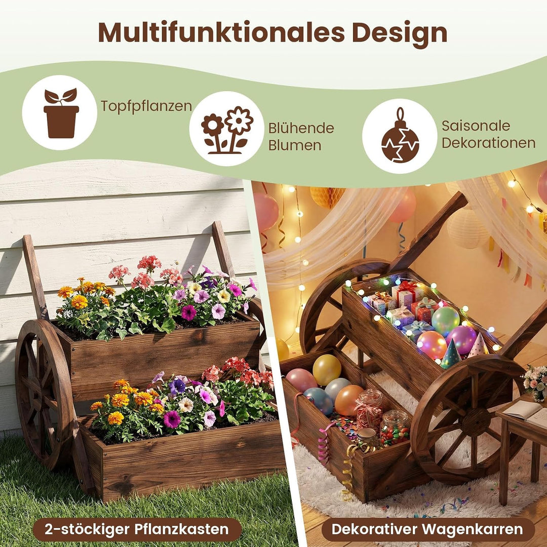 COSTWAY Blumenwagen Holz, Blumenständer mit 2 Rädern &amp; Griffen &amp; Drainagelöchern, Pflanzwagen, 2-stu