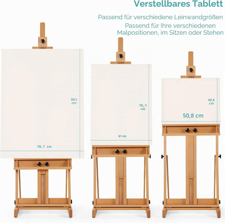 VISWIN H-Staffelei Holz Gross, Verstellbare Atelierstaffelei aus Buchenholz mit Ablage 135-231cm, Ma