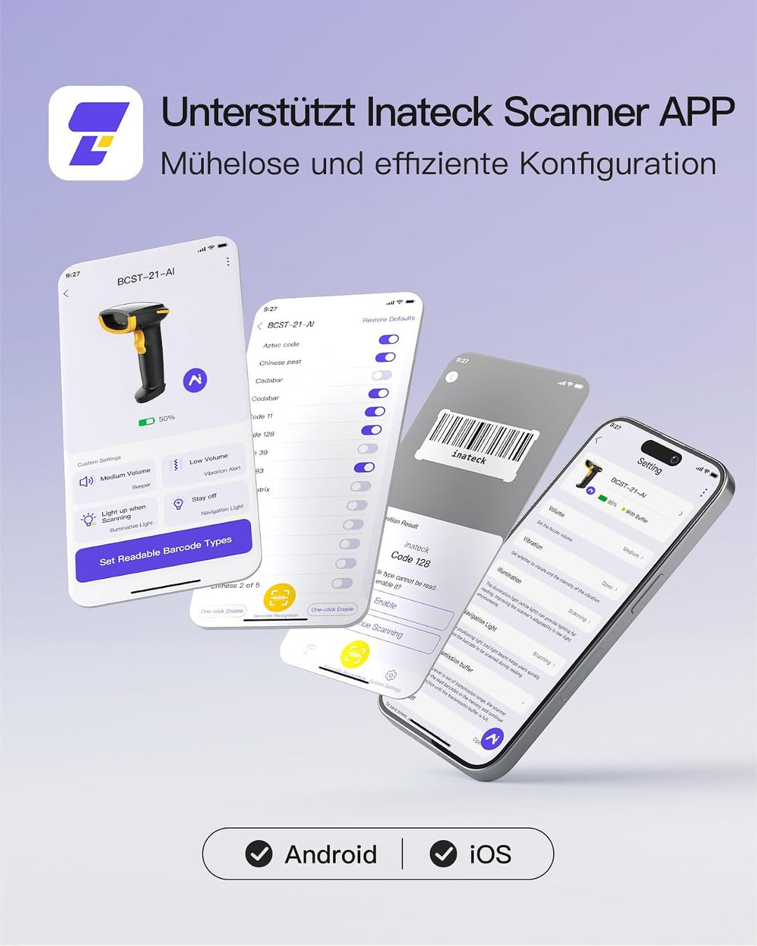 Inateck KI Barcode Scanner Bluetooth, 1D Handscanner Kabellos, Handheld Barcode Scanner, 1 Ladung in