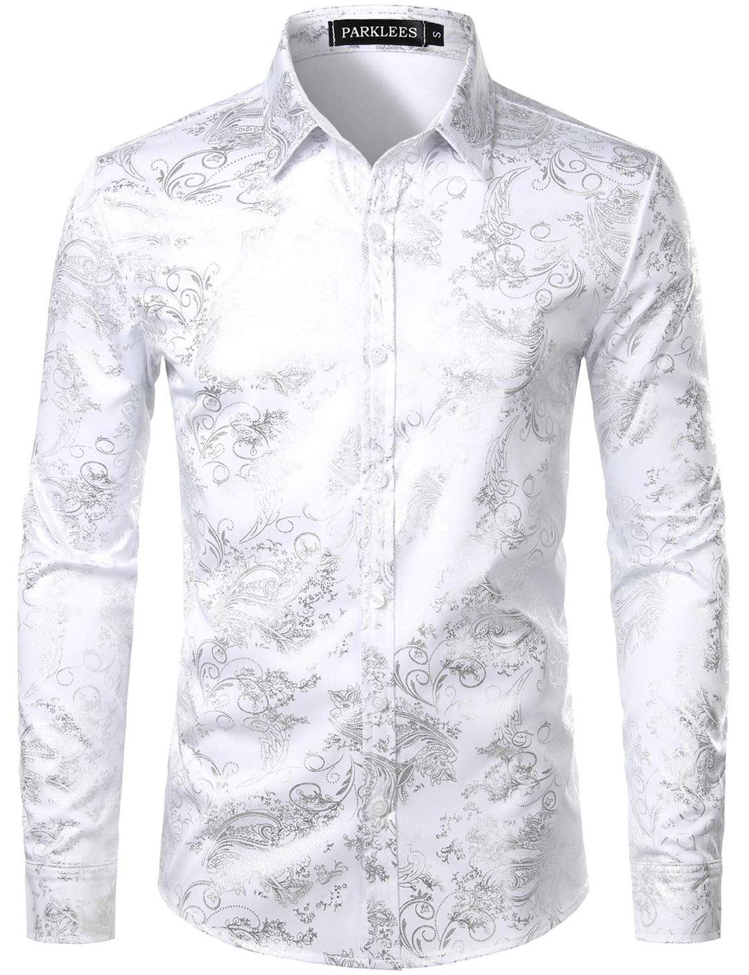 PARKLEES Herren Luxus Paisley Gemustert Golden Glänzend Slim Fit Freizeithemd XXL Weiss Silber, XXL