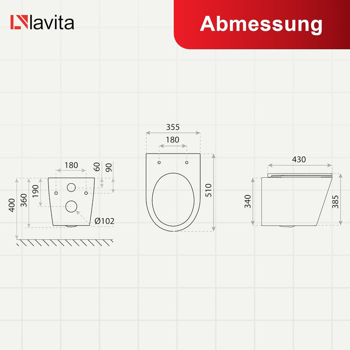 LAVITA Wand-WC Galve Hänge Toilette WC Sitz Toilettendeckel mit Absenkautomatik &amp; Metallscharniere T