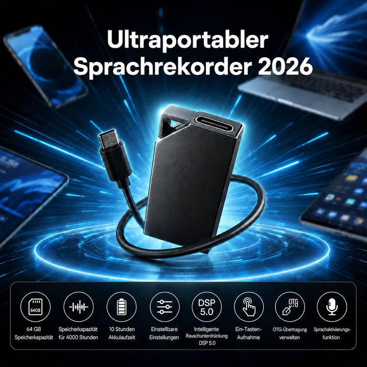 Mini Diktiergerät 64 GB mit Sprachaktivierung, HD-Audio und DSP 5.0 Schwarz, Schwarz
