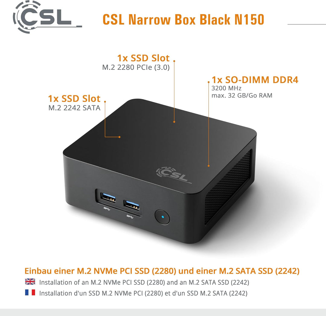 Mini PC Narrow Box Black - Intel N150, 8 GB RAM, 128 GB SSD, Windows 11 128.0 GB Windows 11 Home 8.0