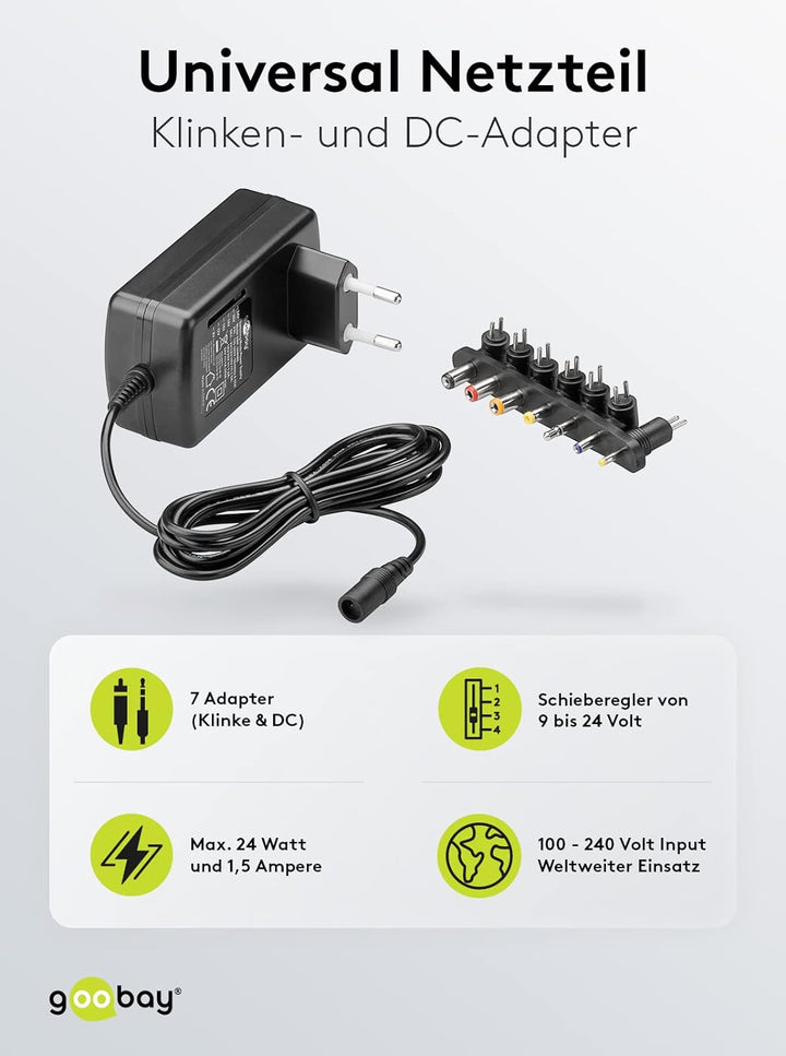Goobay 54799 Universal Netzteil 9V - 24V max 24 W Netzgerät mit Adapter 1x Klinkenstecker &amp; 6x DC-St